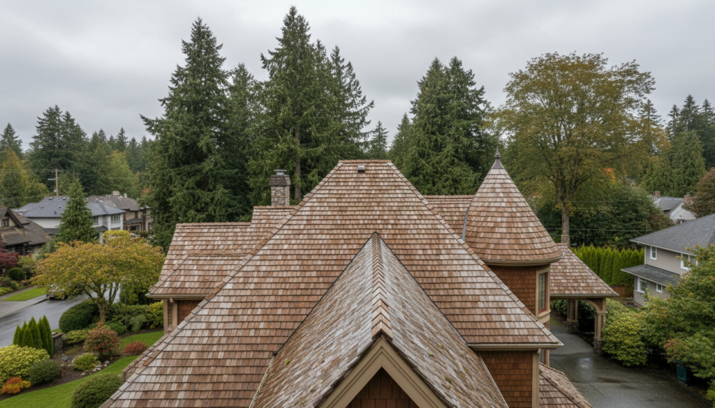 Natural cedar shake roof on Surrey BC heritage home — warm brown wood shingles with proper installation for Pacific Northwest climate