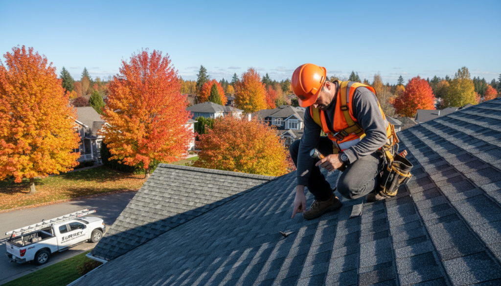 Licensed roofer performing fall roof inspection on Surrey BC home before winter — checking shingles and flashing