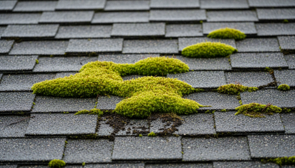 Thick green moss growth on north-facing asphalt shingle roof in Surrey BC — requires professional removal and zinc treatment
