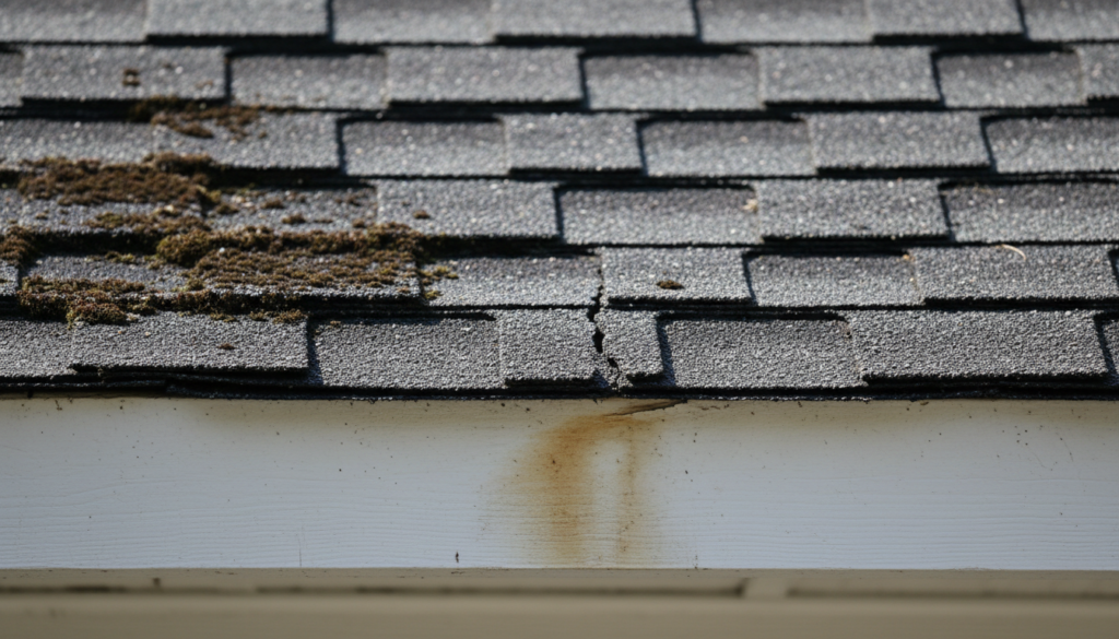 Close-up of aging asphalt roof shingles showing granule loss, curling edges, and moss growth — signs you need a new roof