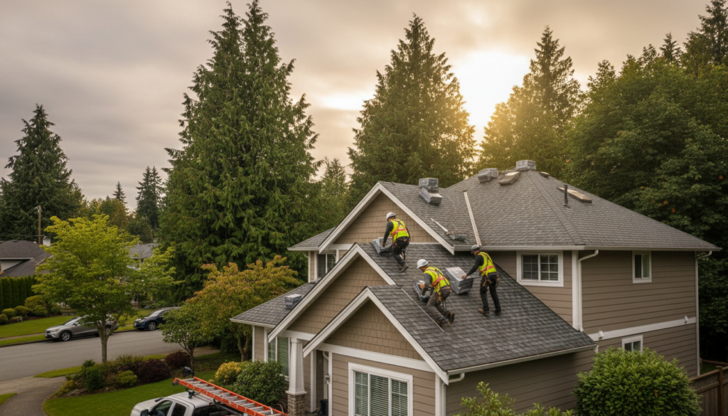 I-M Roofing crew installing GAF architectural shingles on a Surrey BC residential home