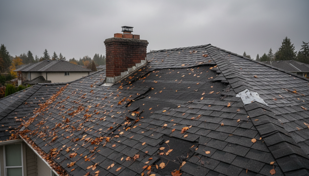 Surrey BC residential roof with storm damage showing missing shingles and cracked flashing around chimney