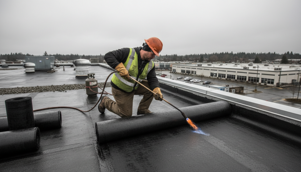Roofer applying torch-on modified bitumen membrane to commercial flat roof in Surrey BC — propane torch welding SBS membrane
